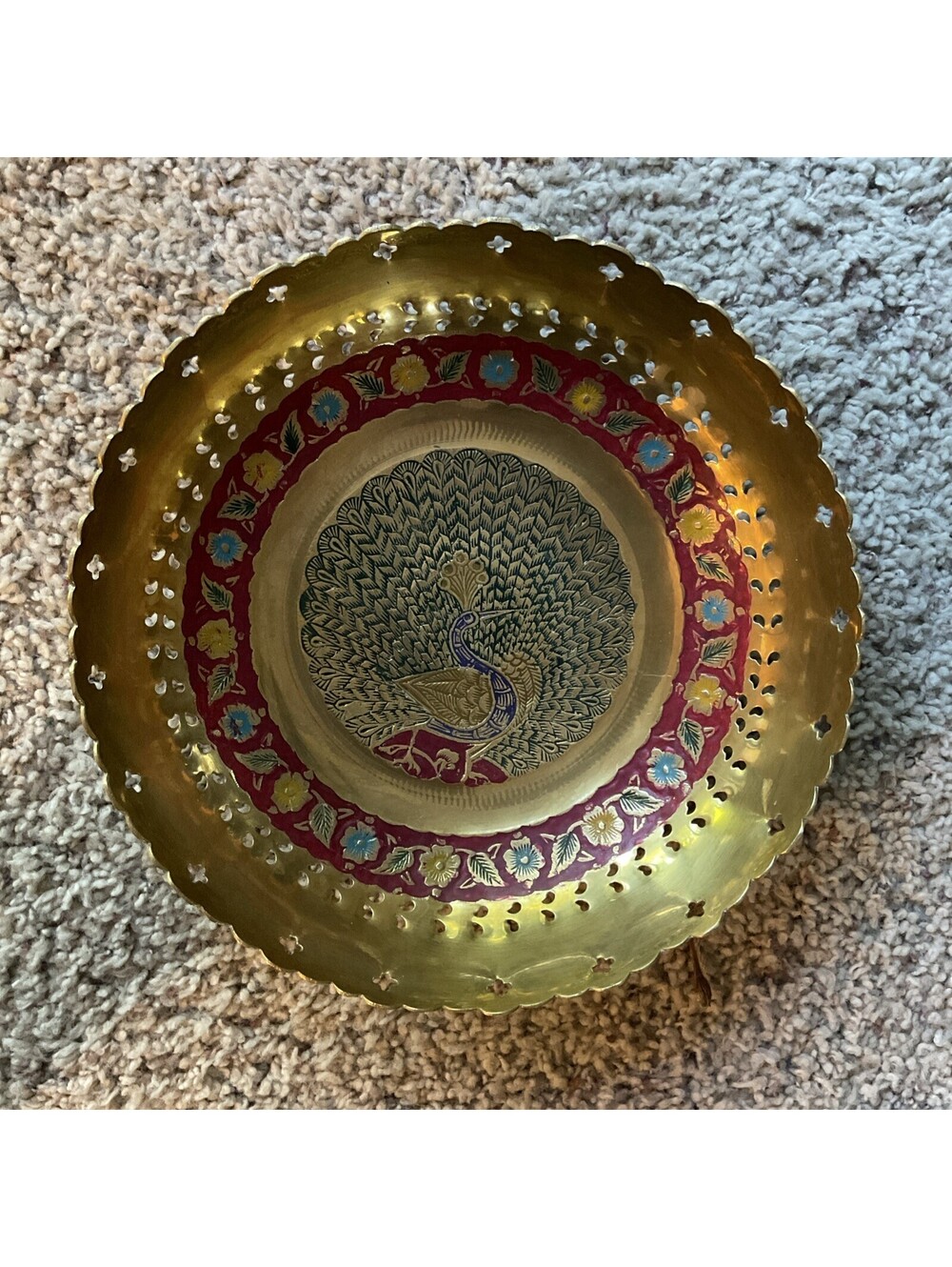Vintage Brass Bowl with Hand Painted Peacock Design 11” Diameter